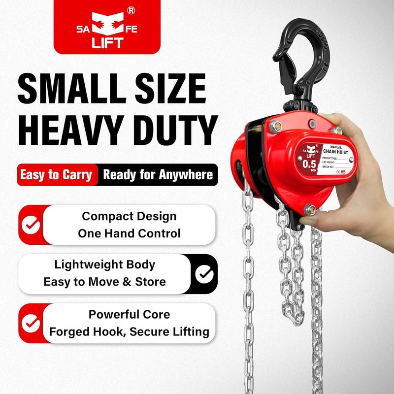 SALIFTFE 1/2 Ton Hand Chain Hoist, Compact & Lightweight Manual Chain Block 1100 lbs Working Load for Garage Automotive Mower Maintenance & DIY Lifting (1/2 TON | 10FT) - Image 3